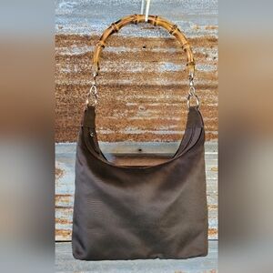 Vintage GUCCI Bamboo Shoulder Bag Brown Nylon & Leather
